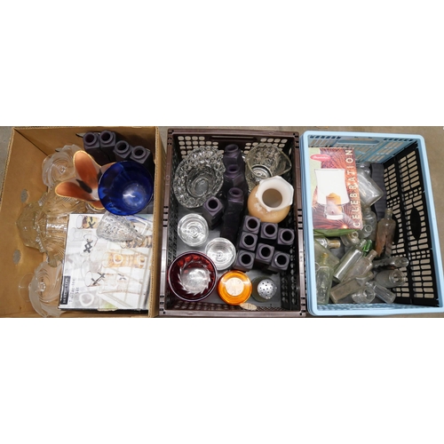 1160 - Three boxes of mixed glass including drinking game shot glasses, coloured glass vases, etc. **PLEASE... 