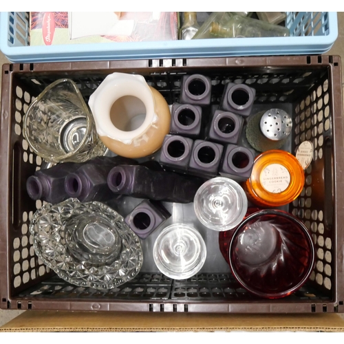 1160 - Three boxes of mixed glass including drinking game shot glasses, coloured glass vases, etc. **PLEASE... 