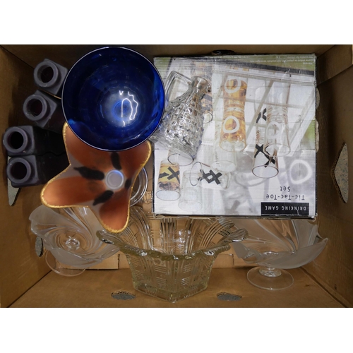 1160 - Three boxes of mixed glass including drinking game shot glasses, coloured glass vases, etc. **PLEASE... 