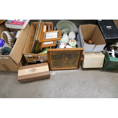 1165 - Five boxes of assorted china including Paragon, Waterford crystal glass, metalwares, empty jewellery... 