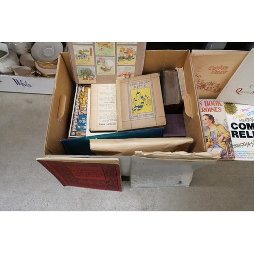 1167 - A box of books etc., The Fairy Kites, Cunard Lines Queen Mary and Cruise News, Ladybird books, Scout... 