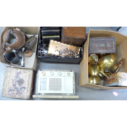 1168 - Three boxes of metalware tins, kettles, a radio, etc. **PLEASE NOTE THIS LOT IS NOT ELIGIBLE FOR POS... 