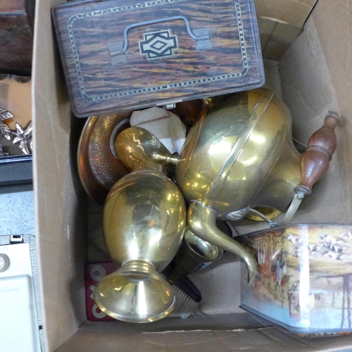 1168 - Three boxes of metalware tins, kettles, a radio, etc. **PLEASE NOTE THIS LOT IS NOT ELIGIBLE FOR POS... 