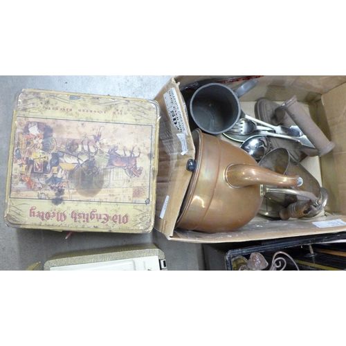 1168 - Three boxes of metalware tins, kettles, a radio, etc. **PLEASE NOTE THIS LOT IS NOT ELIGIBLE FOR POS... 