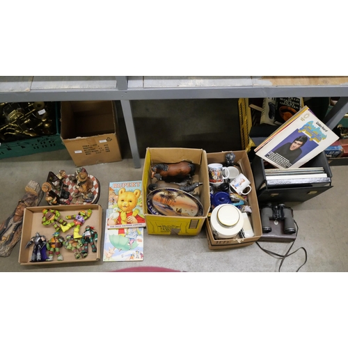 1172 - A box of LP records, three boxes of mixed china, ornaments, Capodimonte style figures, Noritake oval... 