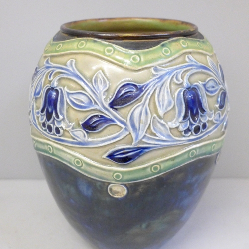 602 - A Royal Doulton Art Nouveau tube lined stoneware vase, 20cm