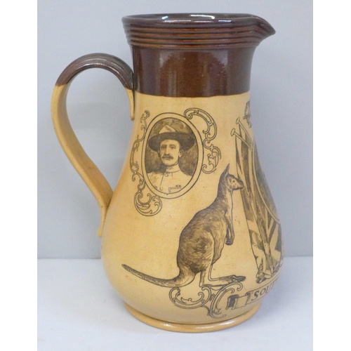 610 - A Doulton Lambeth stoneware Boer War jug decorated with portraits of Lord Roberts, Baden-Powell and ... 