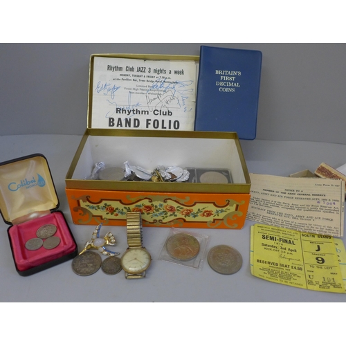 618 - Coins, ink pens, wristwatches, ephemera including a Nottingham jazz programme signed by Humphrey Lyt... 