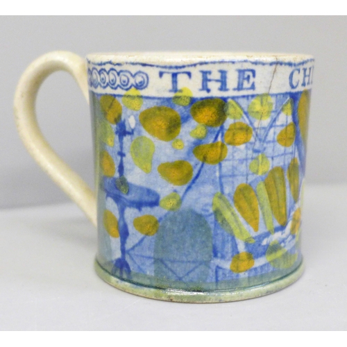 628 - An 18th Century small mug, The Child's Dream, 5.5cm, a/f