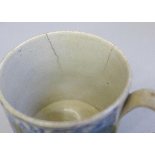 628 - An 18th Century small mug, The Child's Dream, 5.5cm, a/f