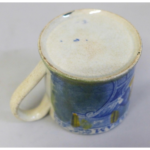 628 - An 18th Century small mug, The Child's Dream, 5.5cm, a/f