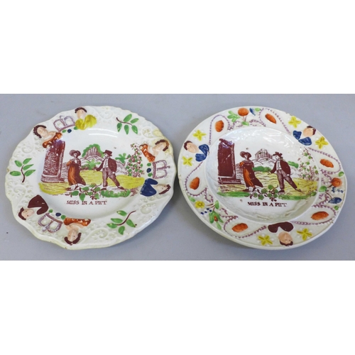 650 - Two similar transfer printed dishes, Coronation of William and Adelaide, 1831, 12.2cm