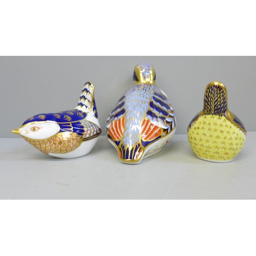 663 - Three Royal Crown Derby paperweights, Red Legged Partridge, Blue Tit and Wren, gold stoppers, boxed