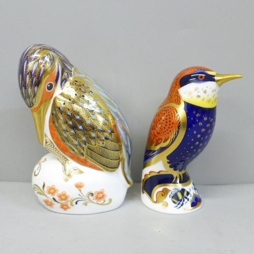 664 - Two Royal Crown paperweights, Bee Eater and Kingfisher, gold stoppers, boxed