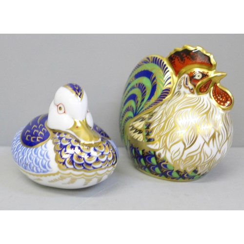 667 - Two Royal Crown paperweights, Farmyard Cockerel, a/f and Duckling