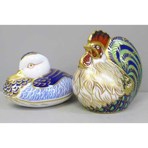 667 - Two Royal Crown paperweights, Farmyard Cockerel, a/f and Duckling