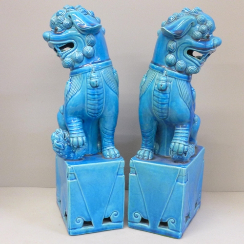 679 - A pair of pottery Chinese dogs of foo, cobalt blue, 37cm