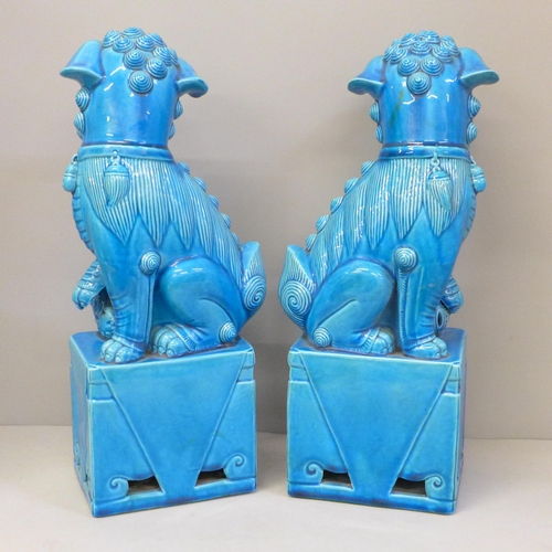 679 - A pair of pottery Chinese dogs of foo, cobalt blue, 37cm