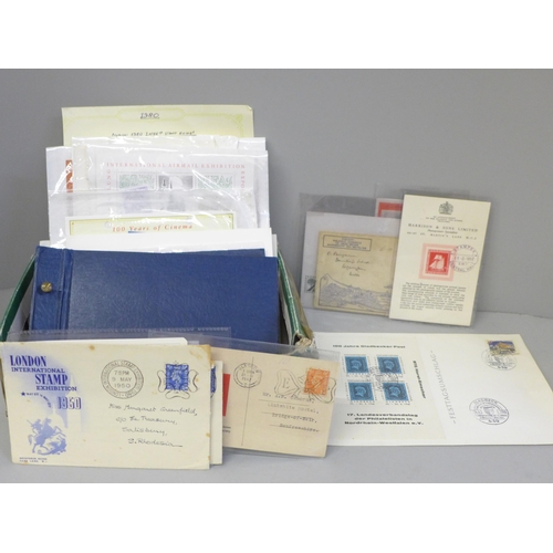 688 - Stamps; a box of philatelic exhibition covers and souvenir sheets, etc., 1930s onwards