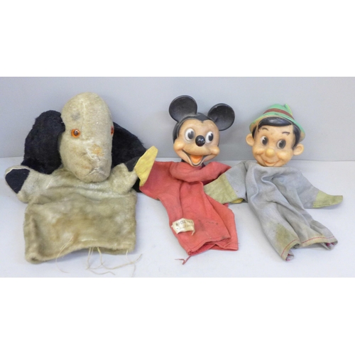 692 - Three hand puppets, Mickey Mouse, Pinocchio and Sweep