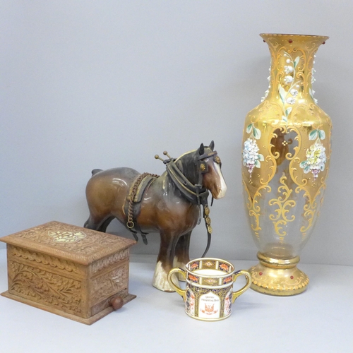 696 - A Beswick shire horse, a carved wooden box and a Royal Crown Derby cup, a/f and a gilt glass vase