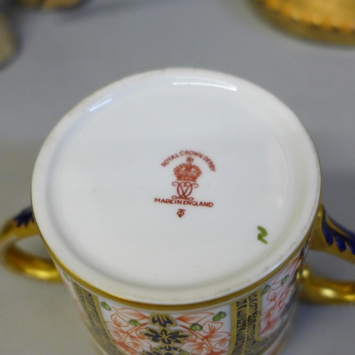 696 - A Beswick shire horse, a carved wooden box and a Royal Crown Derby cup, a/f and a gilt glass vase