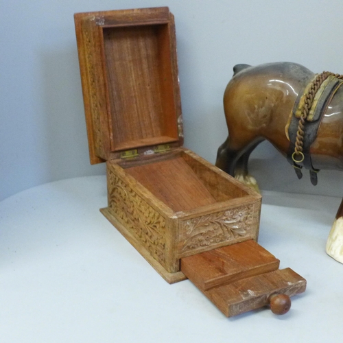 696 - A Beswick shire horse, a carved wooden box and a Royal Crown Derby cup, a/f and a gilt glass vase