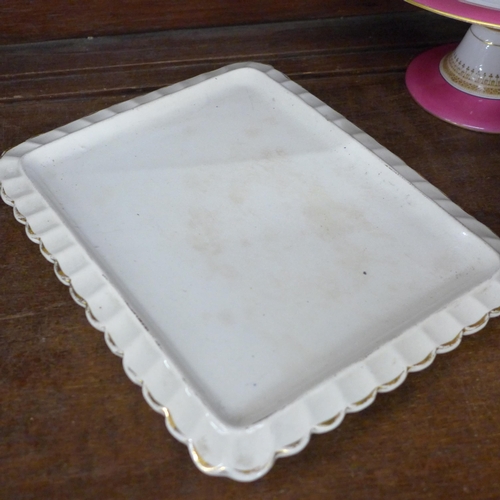 719 - A Royal Doulton pedestal bowl, cheese dish and cover and three pieces of 
Royal Worcester, one stain... 