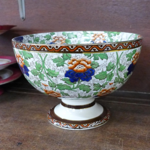 719 - A Royal Doulton pedestal bowl, cheese dish and cover and three pieces of 
Royal Worcester, one stain... 