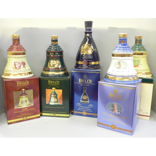 720 - Five Wade Bell's Whisky decanters including Queen Elizabeth The Queen Mother 100th Birthday Christma... 