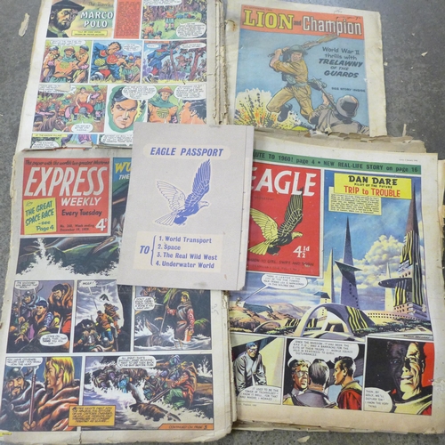 726 - A collection of 1950s and 1960s Eagle comics and an Eagle Passport