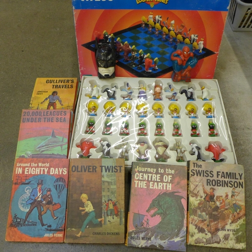 745 - A Loony Tunes chess set, Bancroft Classic books, Spiderman and Batman toys