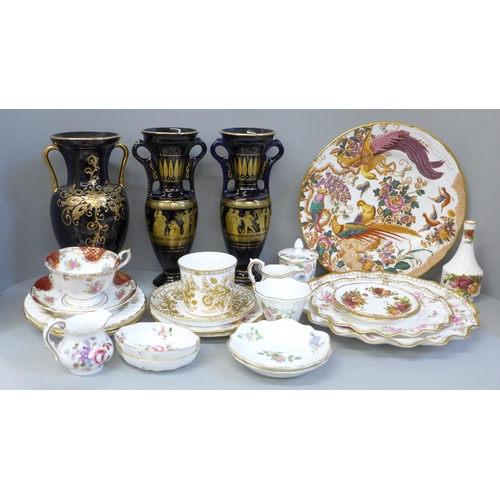 749 - Royal Crown Derby, Royal Albert and other decorative china and three Greek tourist vases, two boxes