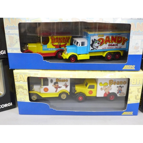 768 - Four Corgi Fighting Machines model aircraft, Lledo Dandy and Beano model vehicles and a Lledo Mini