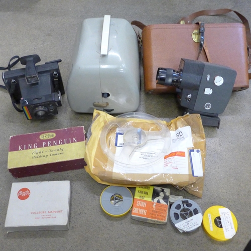 787 - A collection of camera and film equipment including a Hanimex projector, a folding camera, a Polaroi... 