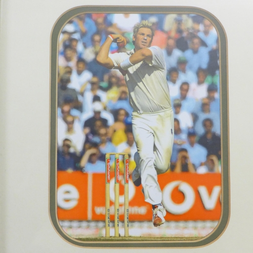 788 - A cricket display, photograph and signed Morgan's cricket ball by Shane Warne, 'The World's Greatest... 