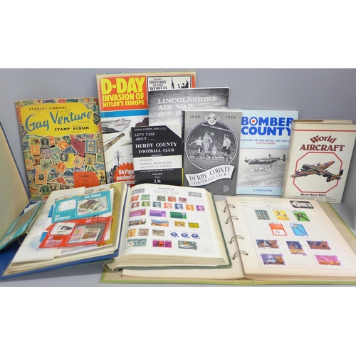 791 - Four 20th Century stamp albums, aircraft and D-Day books, magazines and two Derby County pamphlets, ... 