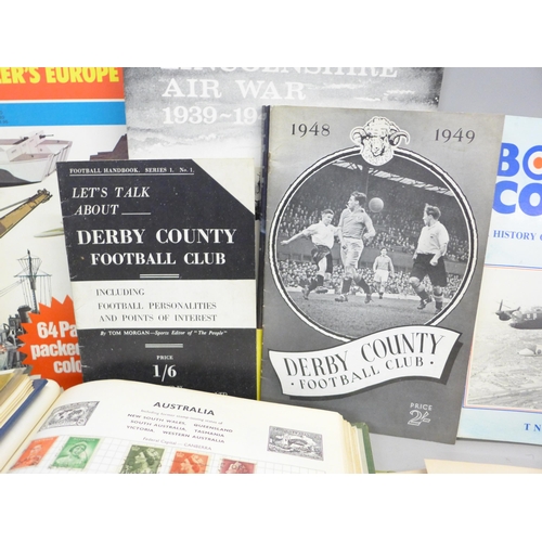 791 - Four 20th Century stamp albums, aircraft and D-Day books, magazines and two Derby County pamphlets, ... 