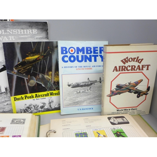 791 - Four 20th Century stamp albums, aircraft and D-Day books, magazines and two Derby County pamphlets, ... 