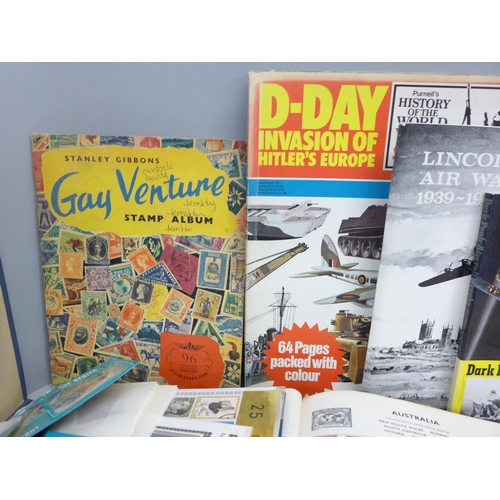 791 - Four 20th Century stamp albums, aircraft and D-Day books, magazines and two Derby County pamphlets, ... 