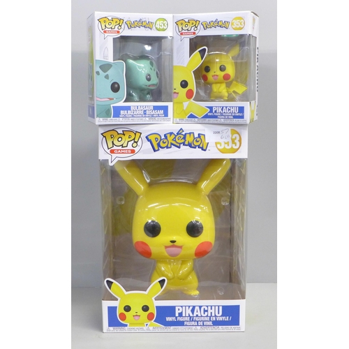 797 - 3 Pokemon pop funkos, Jumbo Pikachu, Pikachu and Bulbasaur