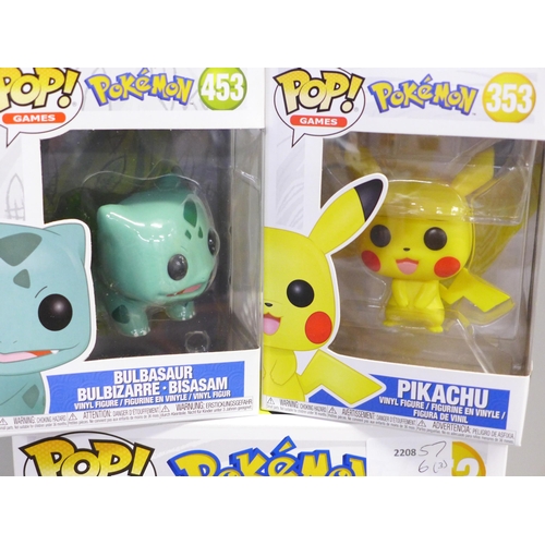 797 - 3 Pokemon pop funkos, Jumbo Pikachu, Pikachu and Bulbasaur