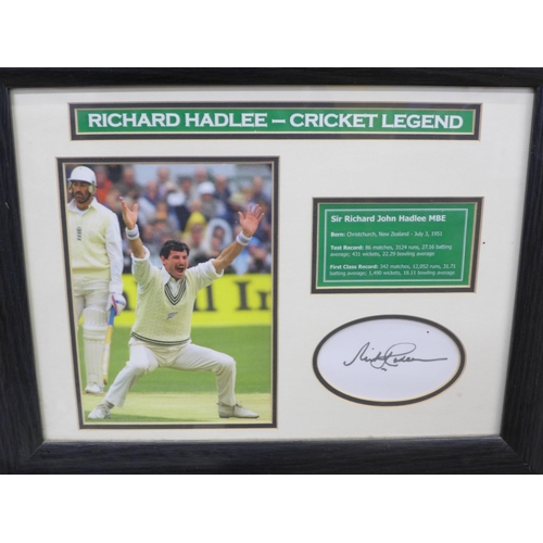 798 - Three cricket autographed displays, Dickie Bird, Sir Garfield Sobers and Sir Richard Hadlee, framed