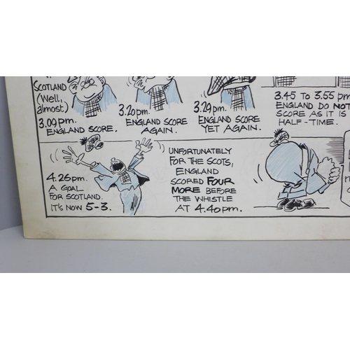 799 - Roy Ullyett (1914-2001), football, a rare ink and blue crayon cartoon strip, 870 x 240 on art board,... 