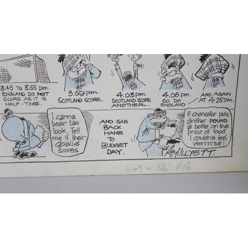 799 - Roy Ullyett (1914-2001), football, a rare ink and blue crayon cartoon strip, 870 x 240 on art board,... 