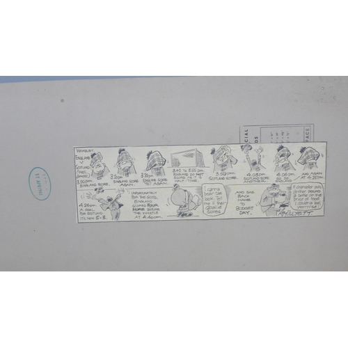 799 - Roy Ullyett (1914-2001), football, a rare ink and blue crayon cartoon strip, 870 x 240 on art board,... 