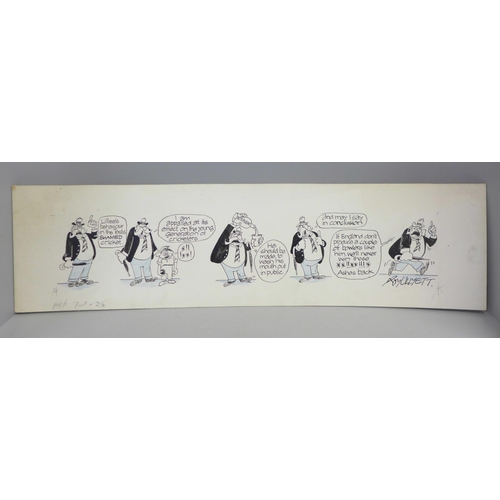 801 - Roy Ullyett (1914-2001), cricket, a rare ink and blue crayon cartoon strip, 800 x 220 on art board, ... 