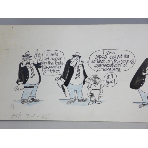 801 - Roy Ullyett (1914-2001), cricket, a rare ink and blue crayon cartoon strip, 800 x 220 on art board, ... 