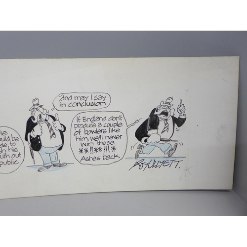 801 - Roy Ullyett (1914-2001), cricket, a rare ink and blue crayon cartoon strip, 800 x 220 on art board, ... 