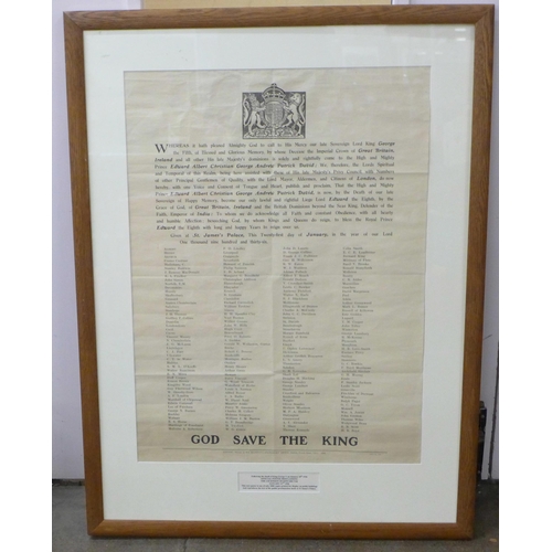 810 - Royalty, a rare Proclamation Poster, 550 x 750, upon the death of King George V and the ascension of... 